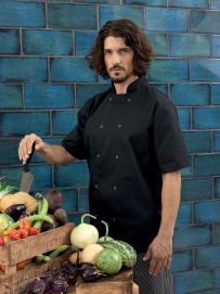 Kortärmad kockjacka med nitad framsida.